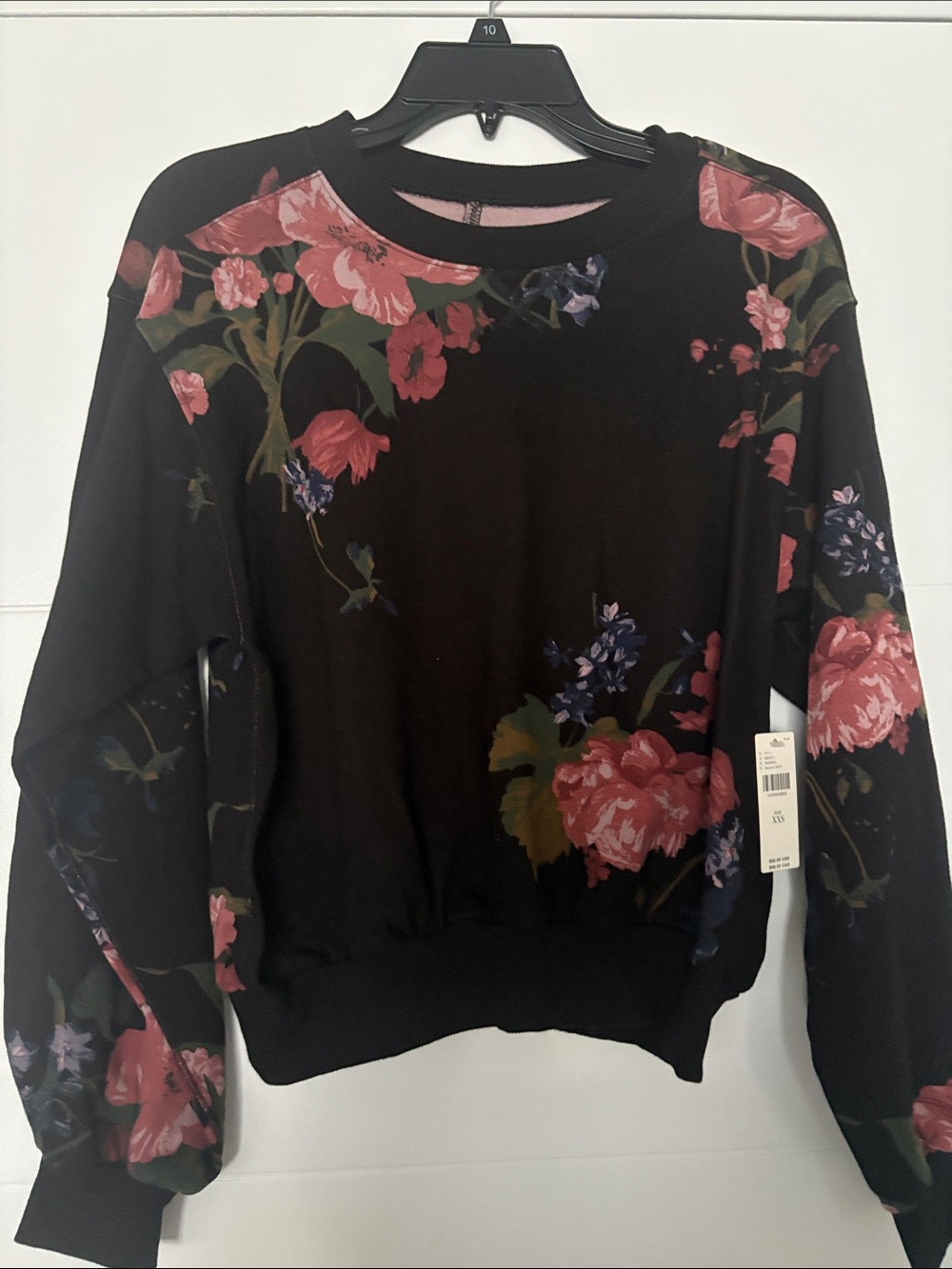 Anthropologie Black Crewneck Sweater with Pink Floral Print